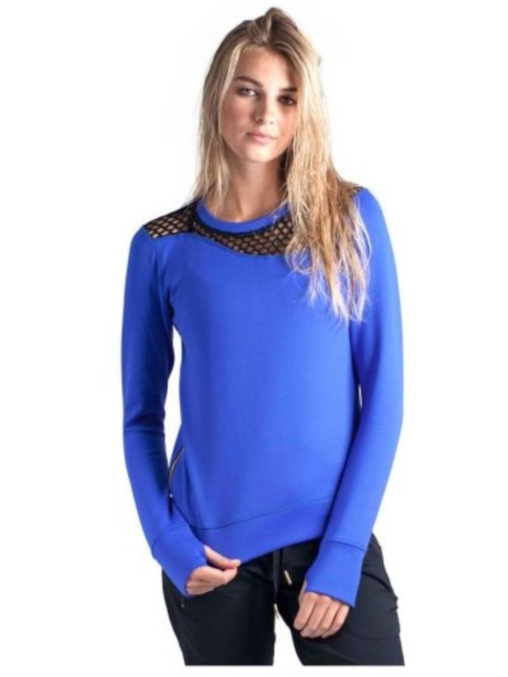 ALALA Royal Blue Mesh Yoke Side Zip Sweatshirt Revolve Luxury Athleisure XS